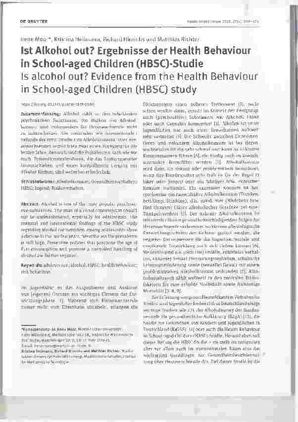 Vorschauseite 1: Ist Alkohol out? Ergebnisse der Health Behaviour in School-aged Children (HBSC)-Studie