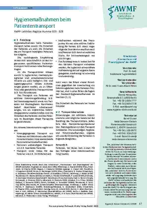 Vorschauseite 1: Hygienemaßnahmen beim Patiententransport - AWMF Leitlinien-Register Nummer 029 - 029