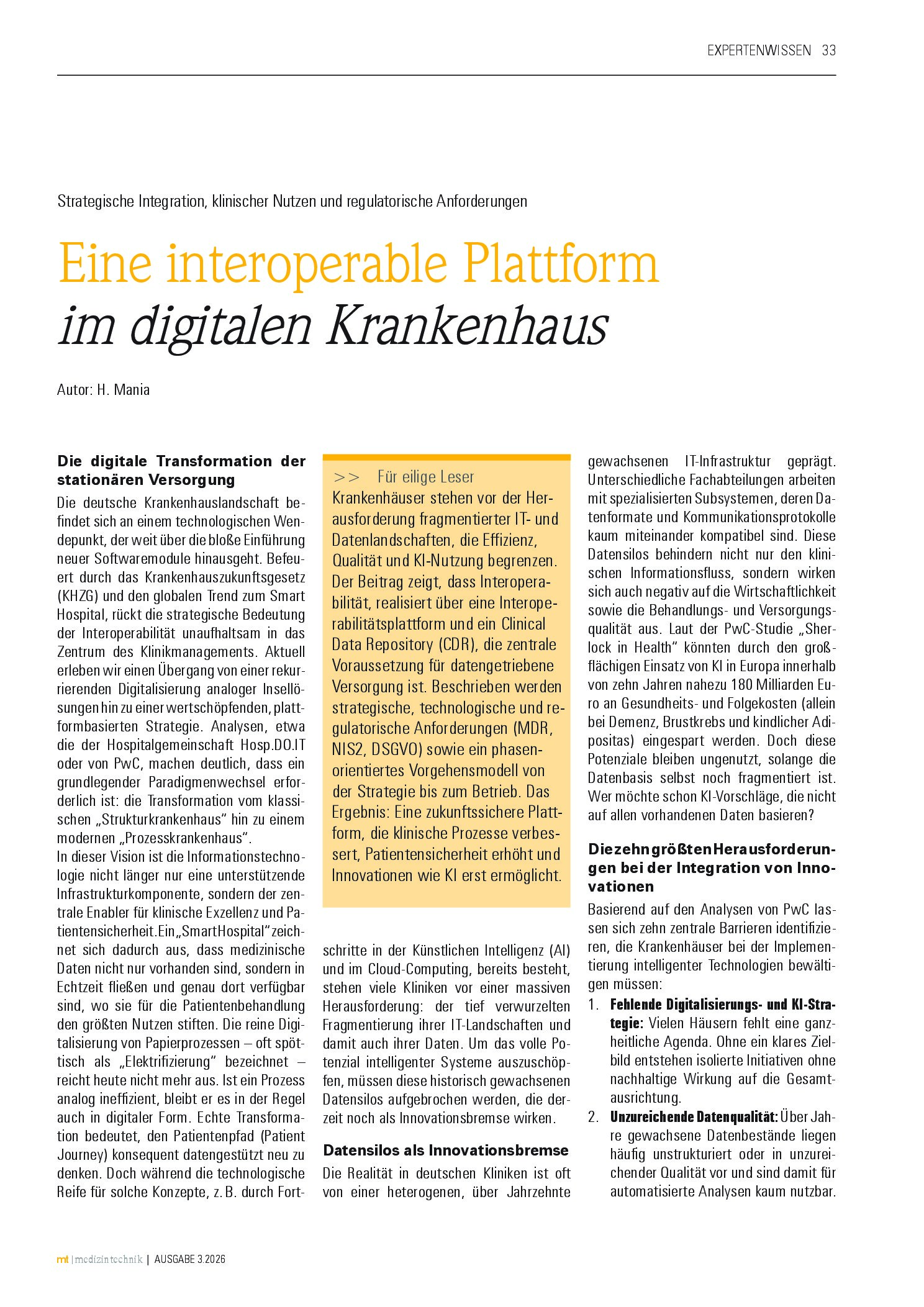 Vorschauseite 1: Eine interoperable Plattform im digitalen Krankenhaus