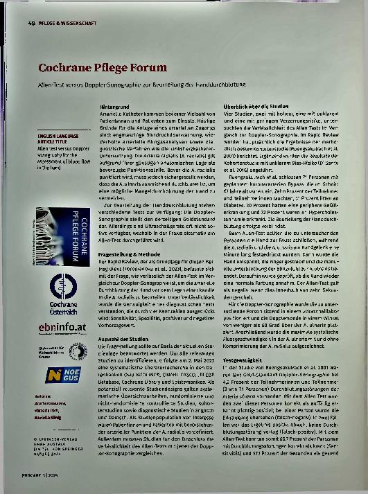 Vorschauseite 1: Cochrane Pflege Forum Allen-Test versus Doppler-Sonographie zur Beurteilung der Handdurchblutung