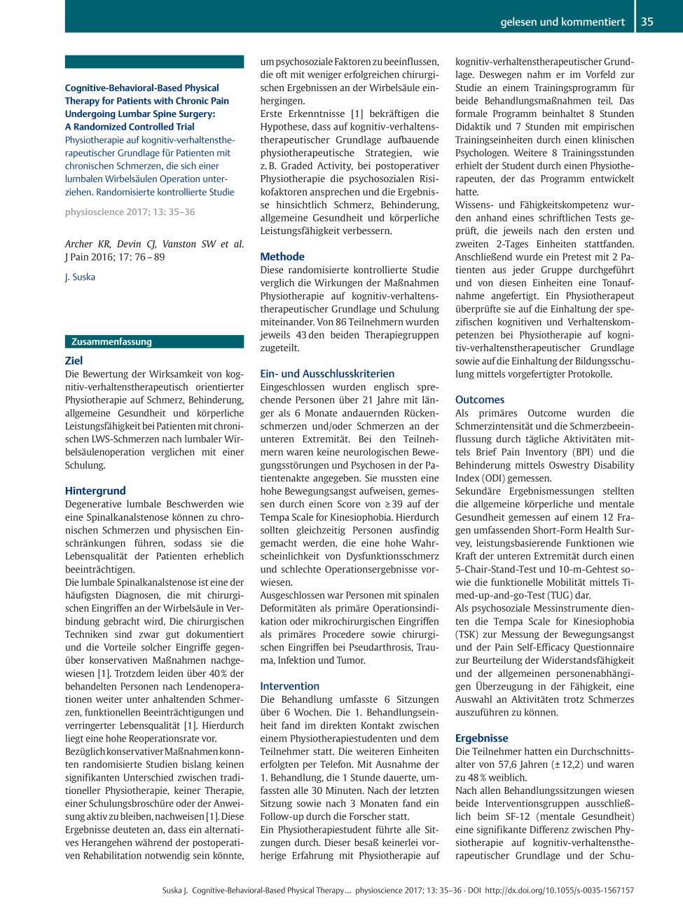 Vorschauseite 1: Cognitive-Behavioral-Based Physical Therapy for Patients with Chronic Pain Undergoing Lumbar Spine Surgery: A Randomized Controlled Trial