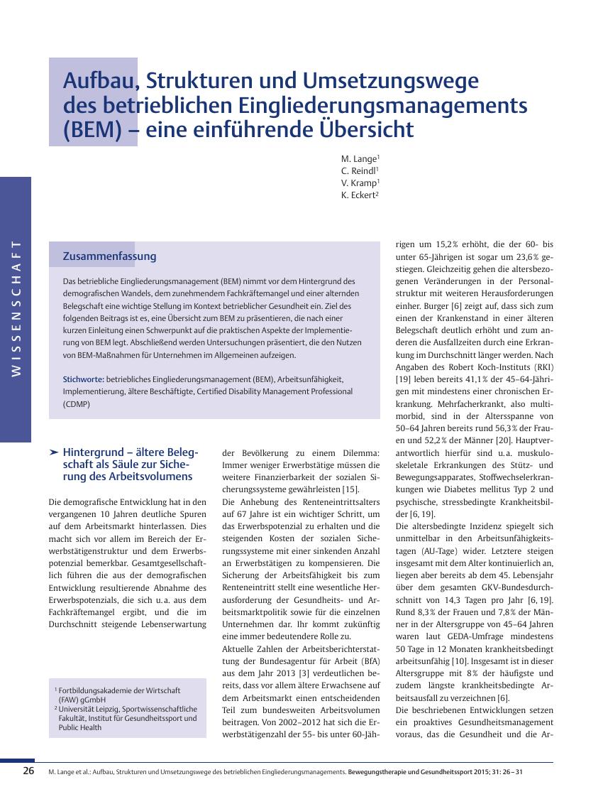 Vorschauseite 1: Aufbau, Strukturen und Umsetzungswege des betrieblichen Eingliederungsmanagements (BEM) – eine einführende Übersicht