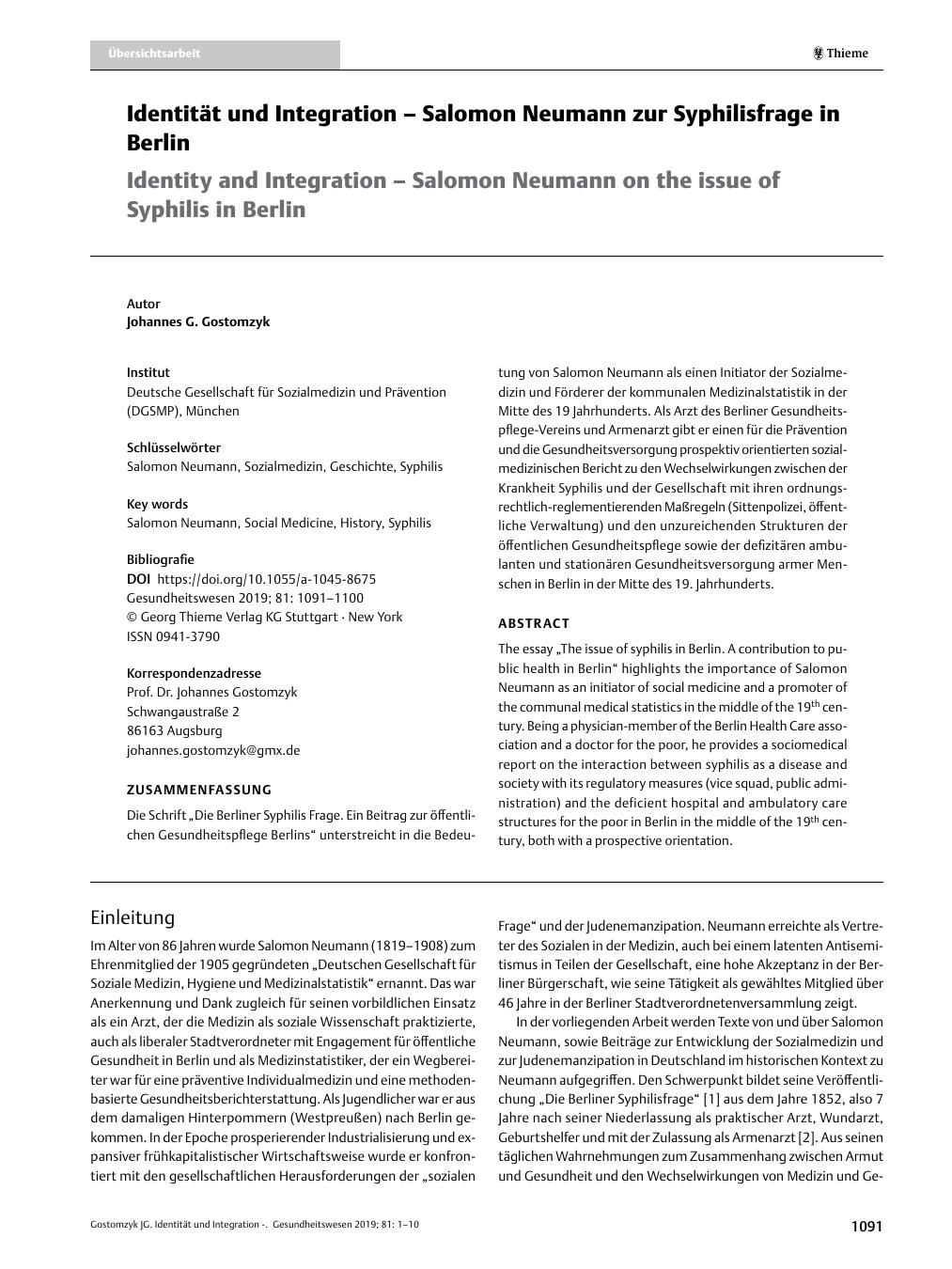 Vorschauseite 1: Identität und Integration ? Salomon Neumann zur Syphilisfrage in Berlin
