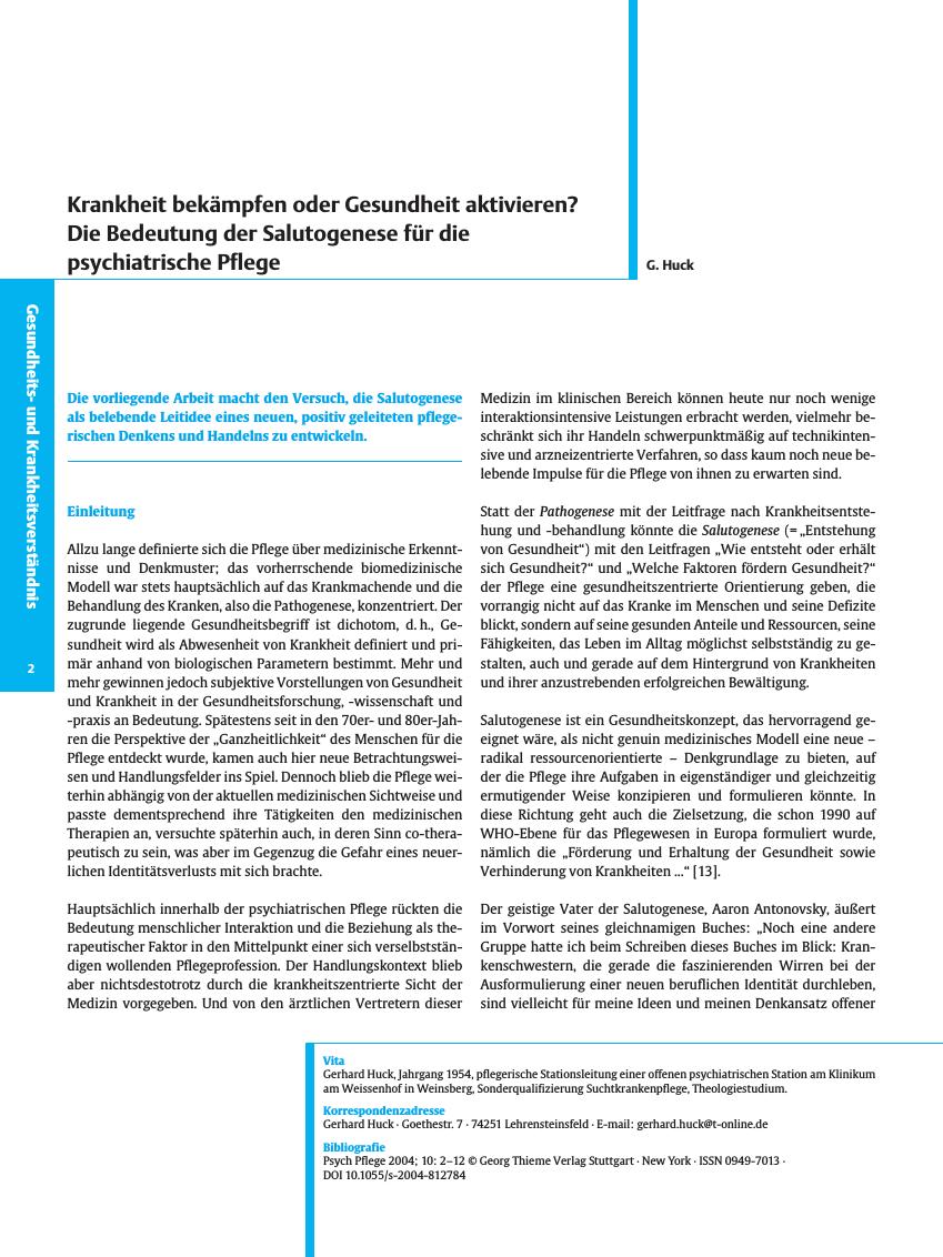 Vorschauseite 1: Krankheit bekämpfen oder Gesundheit aktivieren? Die Bedeutung der Salutogenese für die psychiatrische Pflege