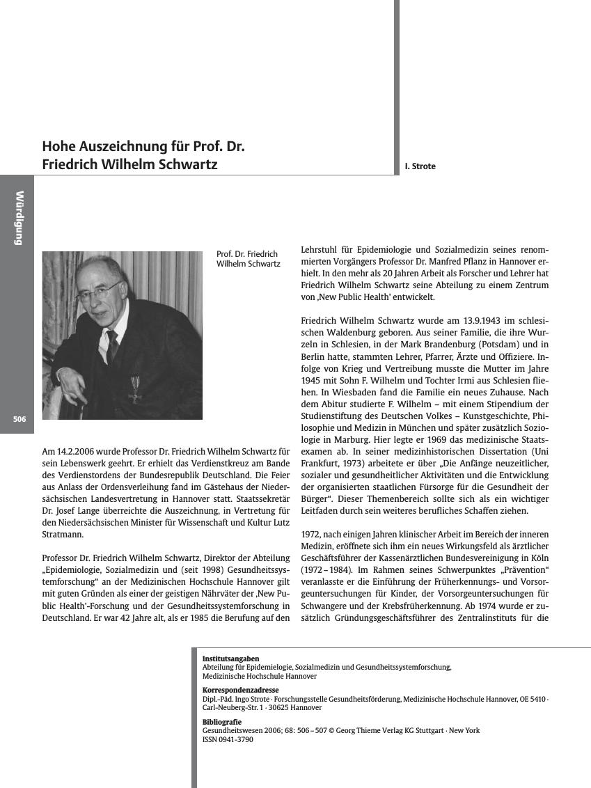 Vorschauseite 1: Hohe Auszeichnung für Prof. Dr. Friedrich Wilhelm Schwartz