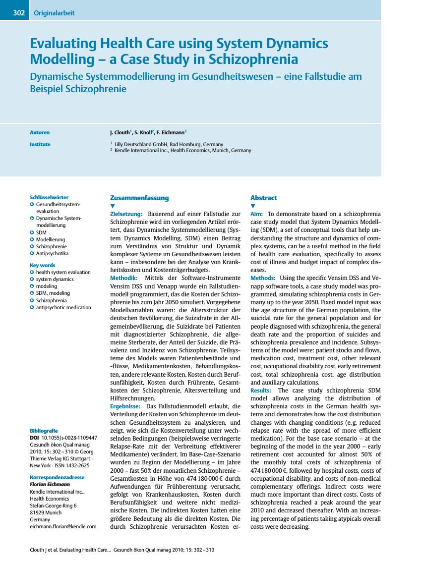 Vorschauseite 1: Evaluating Health Care using System Dynamics Modelling – a Case Study in Schizophrenia