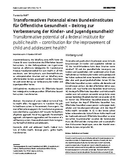 Vorschauseite 1: Transformatives Potenzial eines Bundesinstitutes für Öffentliche Gesundheit – Beitrag zur Verbesserung der Kinderund Jugendgesundheit?