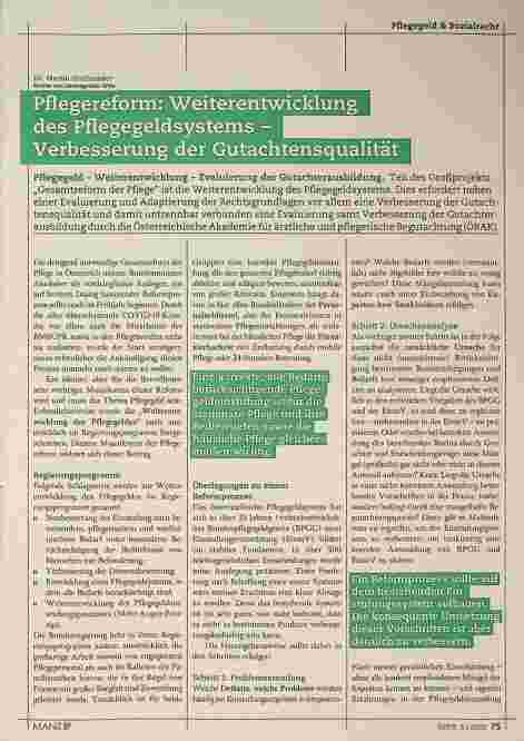 Vorschauseite 1: Pflegereform: Weiterentwicklung des Pflegegeldsystems - Verbesserung der Gutachtenqualität