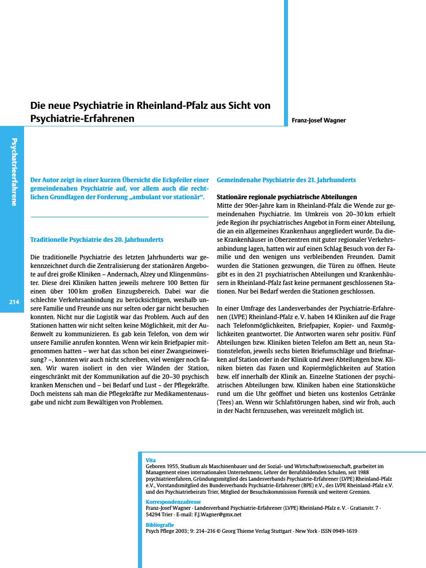 Vorschauseite 1: Die neue Psychiatrie in Rheinland-Pfalz aus Sicht von Psychiatrie-Erfahrenen