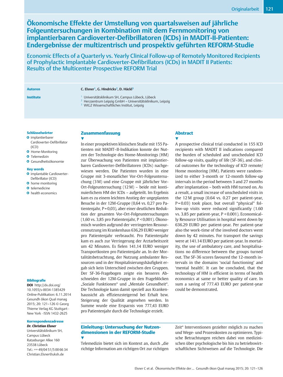 Vorschauseite 1: Ökonomische Effekte der Umstellung von quartalsweisen auf jährliche Folgeuntersuchungen in Kombination mit dem Fernmonitoring von implantierbaren Cardioverter-Defibrillatoren (ICD…
