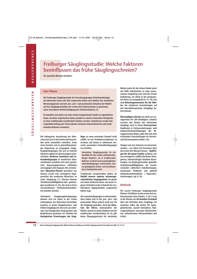 Vorschauseite 1: Freiburger Säuglingsstudie: Welche Faktoren beeinflussen das frühe Säuglingsschreien?