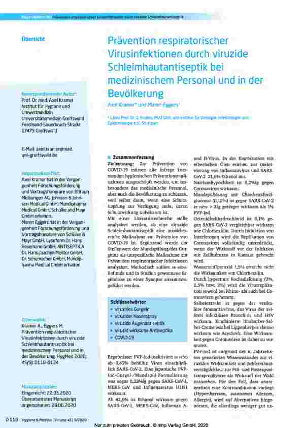 Vorschauseite 1: Prävention respiratorischer Virusinfektionen durch viruzide Schleimhautantiseptik bei medizinischem Personal und in der Bevölkerung
