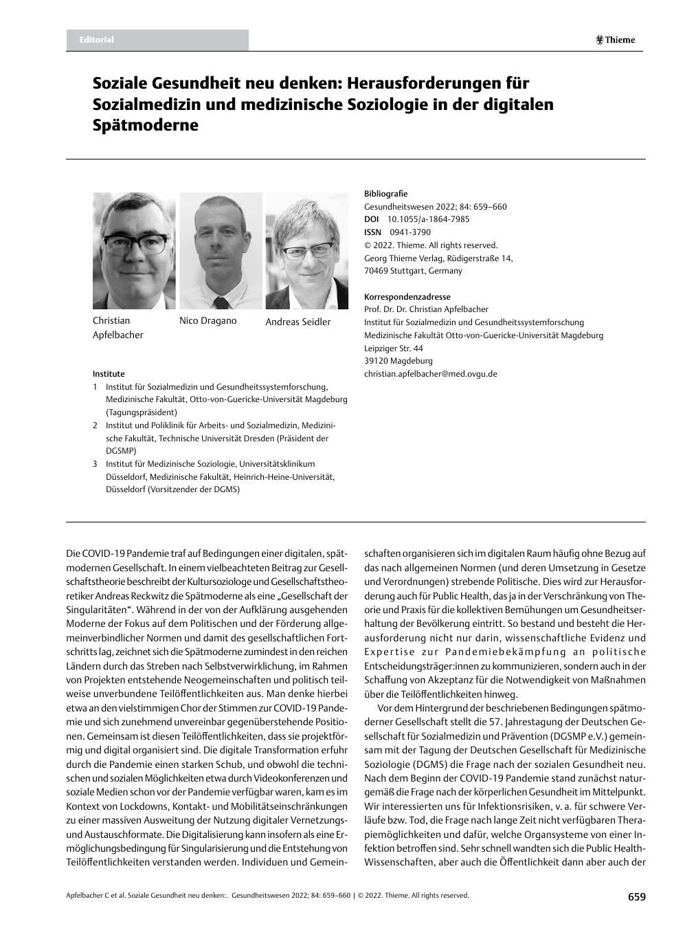 Vorschauseite 1: Soziale Gesundheit neu denken: Herausforderungen für Sozialmedizin und medizinische Soziologie in der digitalen Spätmoderne