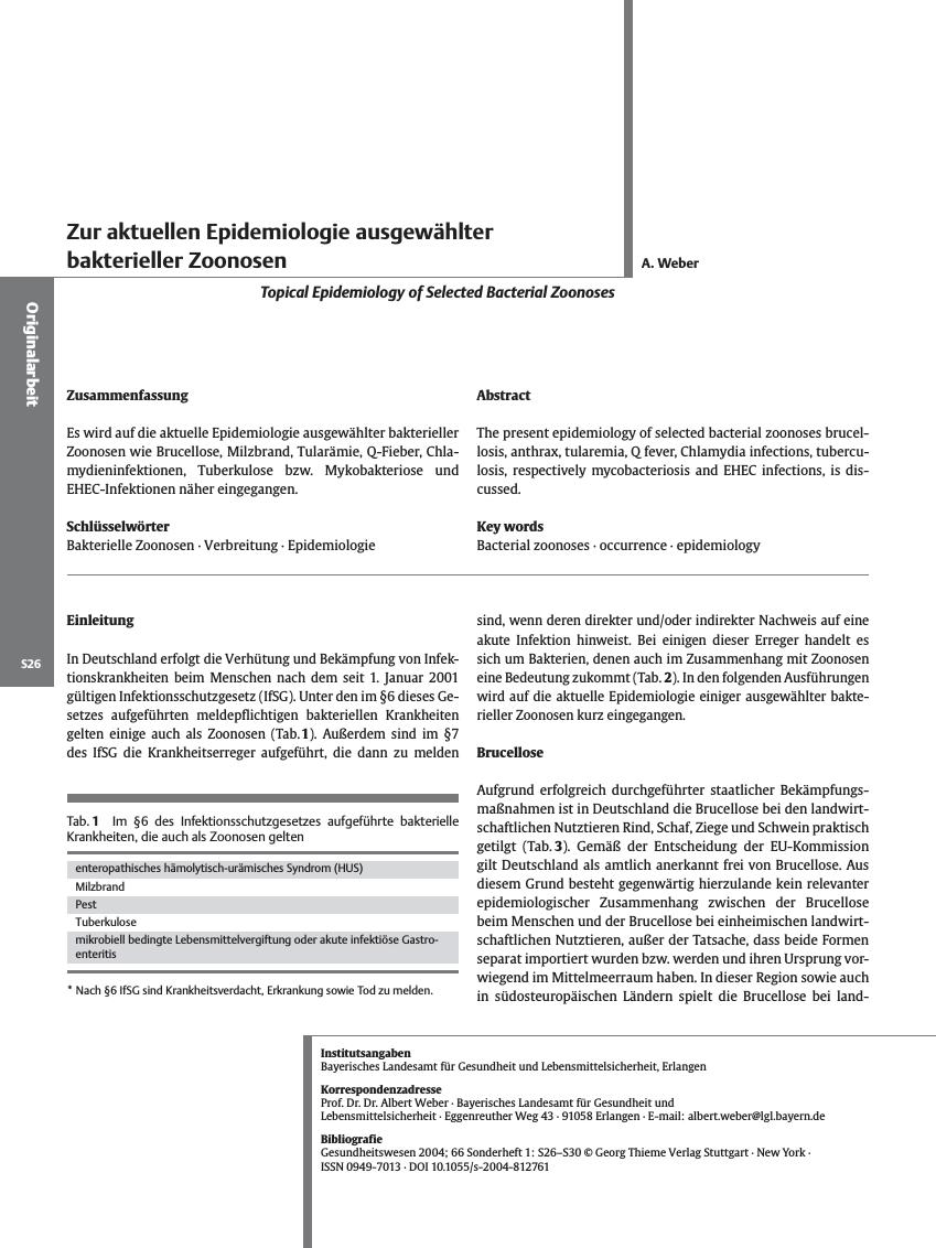 Vorschauseite 1: Zur aktuellen Epidemiologie ausgewählter bakterieller Zoonosen