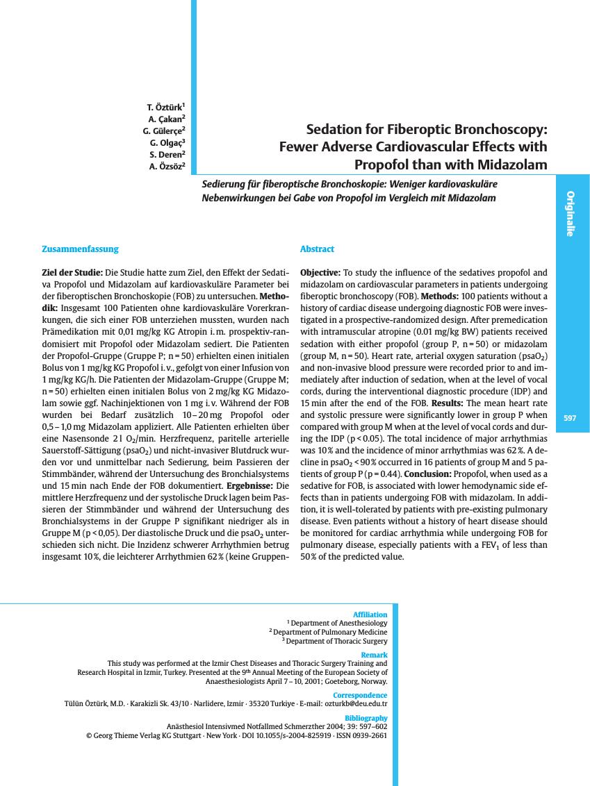 Vorschauseite 1: Sedation for Fiberoptic Bronchoscopy: Fewer Adverse Cardiovascular Effects with Propofol than with Midazolam