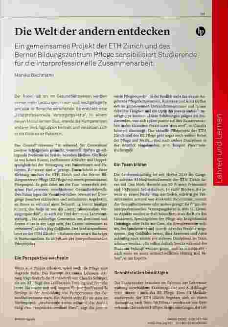 Vorschauseite 1: Die Welt der Anderen entdecken - Ein gemeinsames Projekt der ETH Zürich und des Berner Bildungszentrums Pflege sensibilisiert Studierende für die interprofessionelle Zusammenarbei…