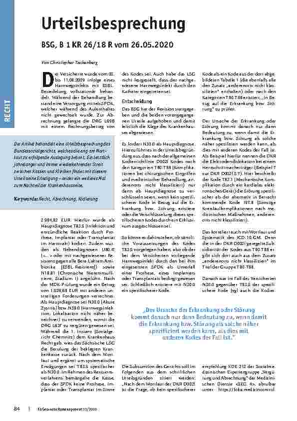 Vorschauseite 1: Urteilsbesprechung BSG, B 1 KR 26/18 R vom 26.05.2020