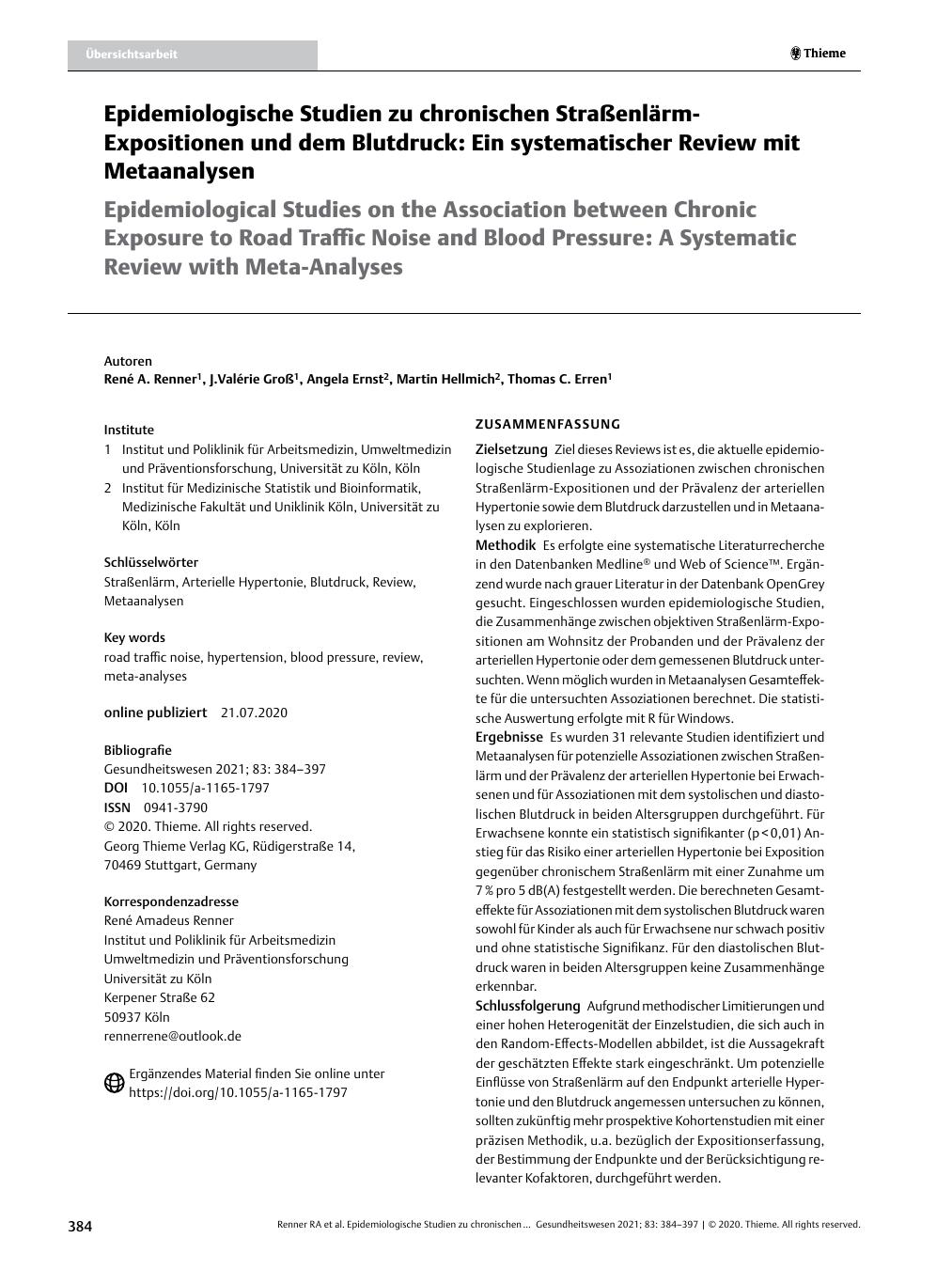 Vorschauseite 1: Epidemiologische Studien zu chronischen Straßenlärm-Expositionen und dem Blutdruck: Ein systematischer Review mit Metaanalysen