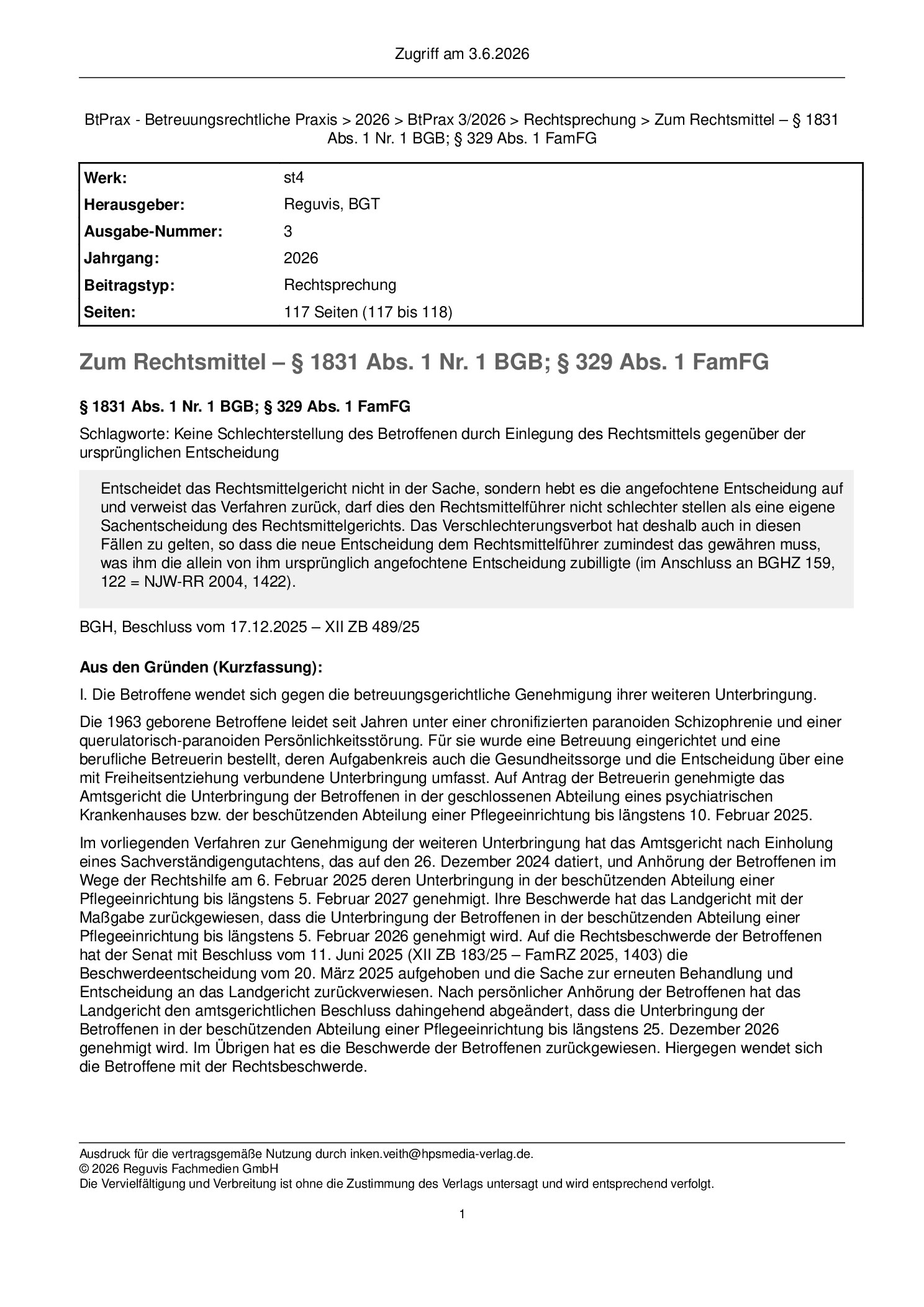 Vorschauseite 1: Zum Rechtsmittel – § 1831 Abs. 1 Nr. 1 BGB; § 329 Abs. 1 FamFG