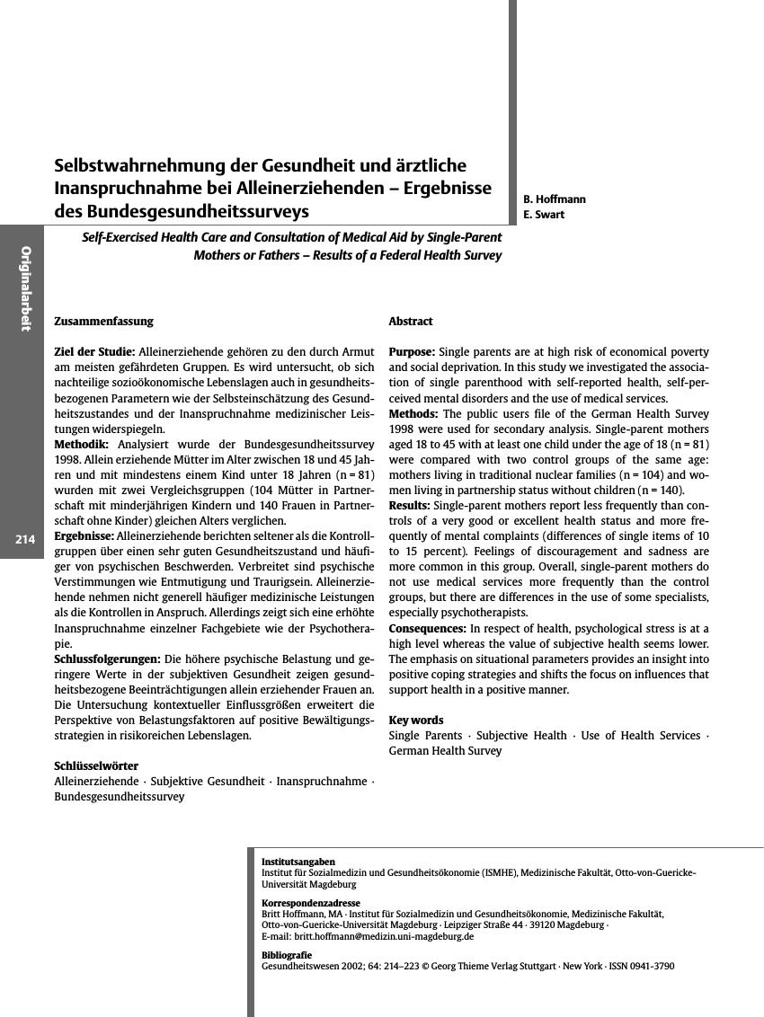 Vorschauseite 1: Selbstwahrnehmung der Gesundheit und ärztliche Inanspruchnahme bei Alleinerziehenden - Ergebnisse des Bundesgesundheitssurveys