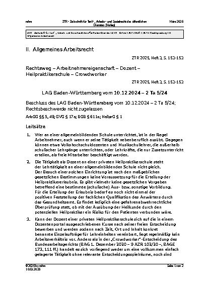 Vorschauseite 1: II. Allgemeines Arbeitsrecht Rechtsweg – Arbeitnehmereigenschaft – Dozent – Heilpraktikerschule – Crowdworker