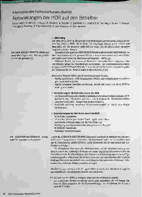 Vorschauseite 1: Information des Fachausschusses Qualität: Auswirkungen der MDR auf den Betreiber