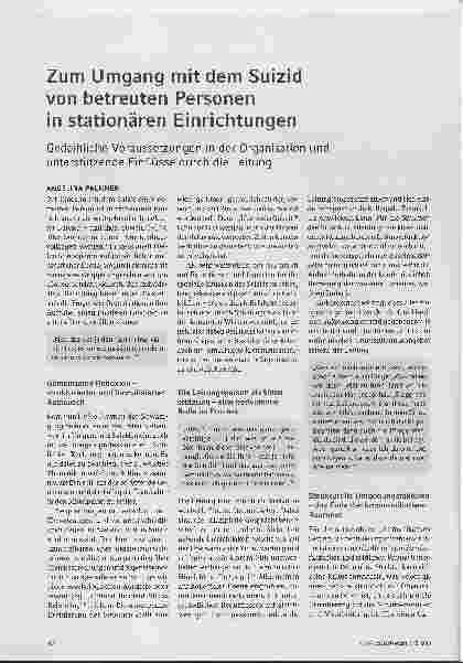 Vorschauseite 1: Zum Umgang mit dem Suizid von betreuten Personen in stationären Einrichtungen. Gedeihliche Voraussetzungen in der Organisation und unterstützende Einflüsse durch die Leitung.