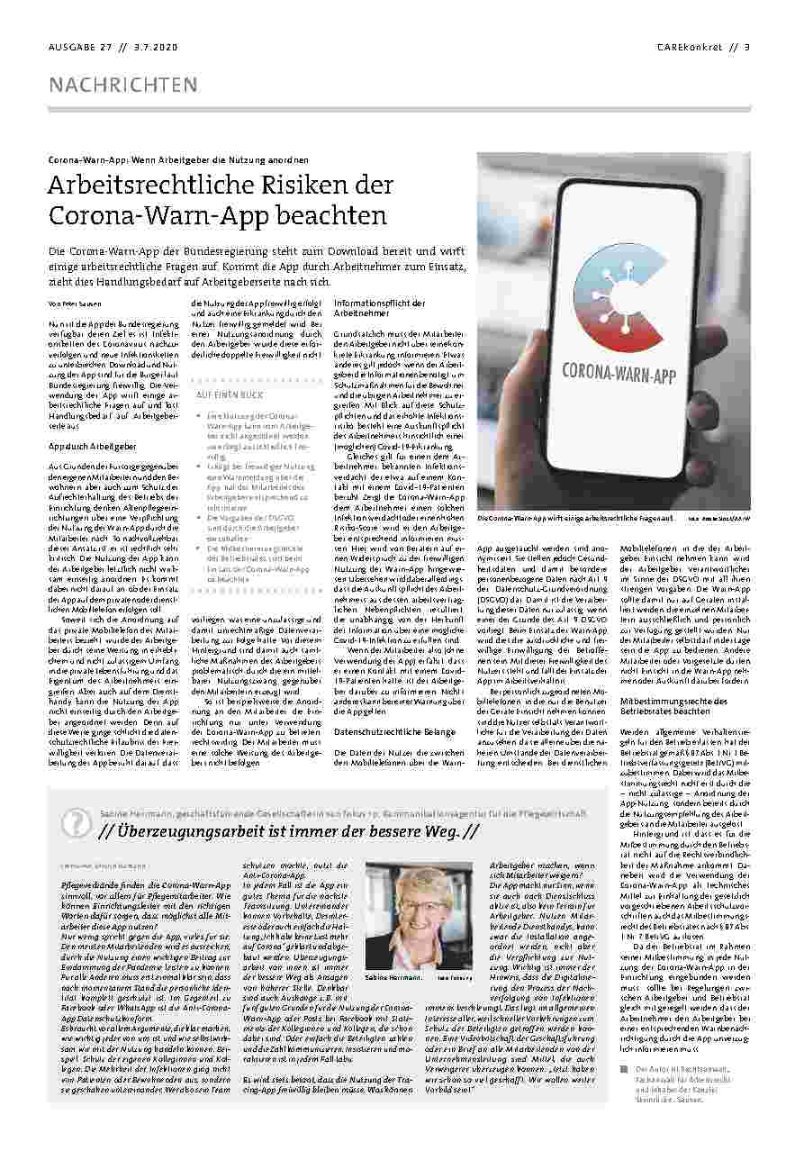Vorschauseite 1: Corona-Warn-App: Wenn Arbeitgeber die Nutzung anordnen, arbeitsrechtliche Risiken der Corona-Warn-App beachten.