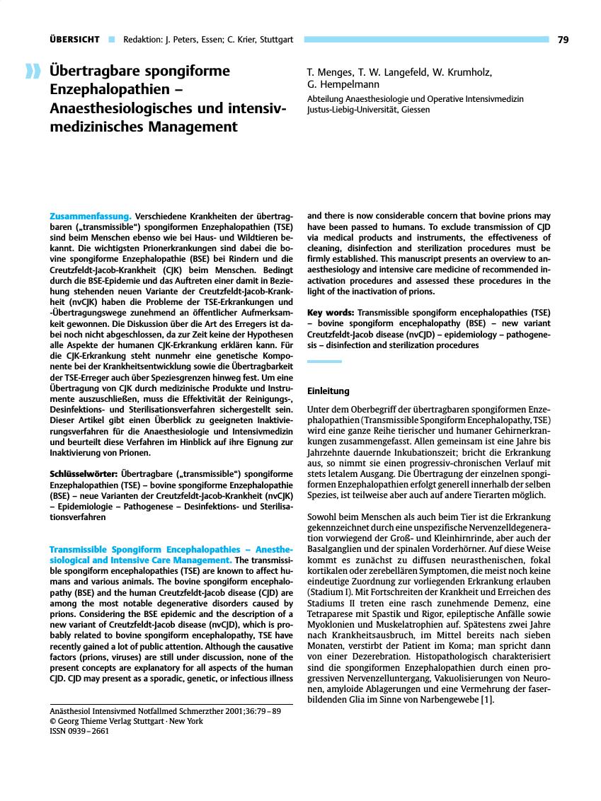 Vorschauseite 1: Übertragbare spongiforme Enzephalopathien - Anaesthesiologisches und intensivmedizinisches Management