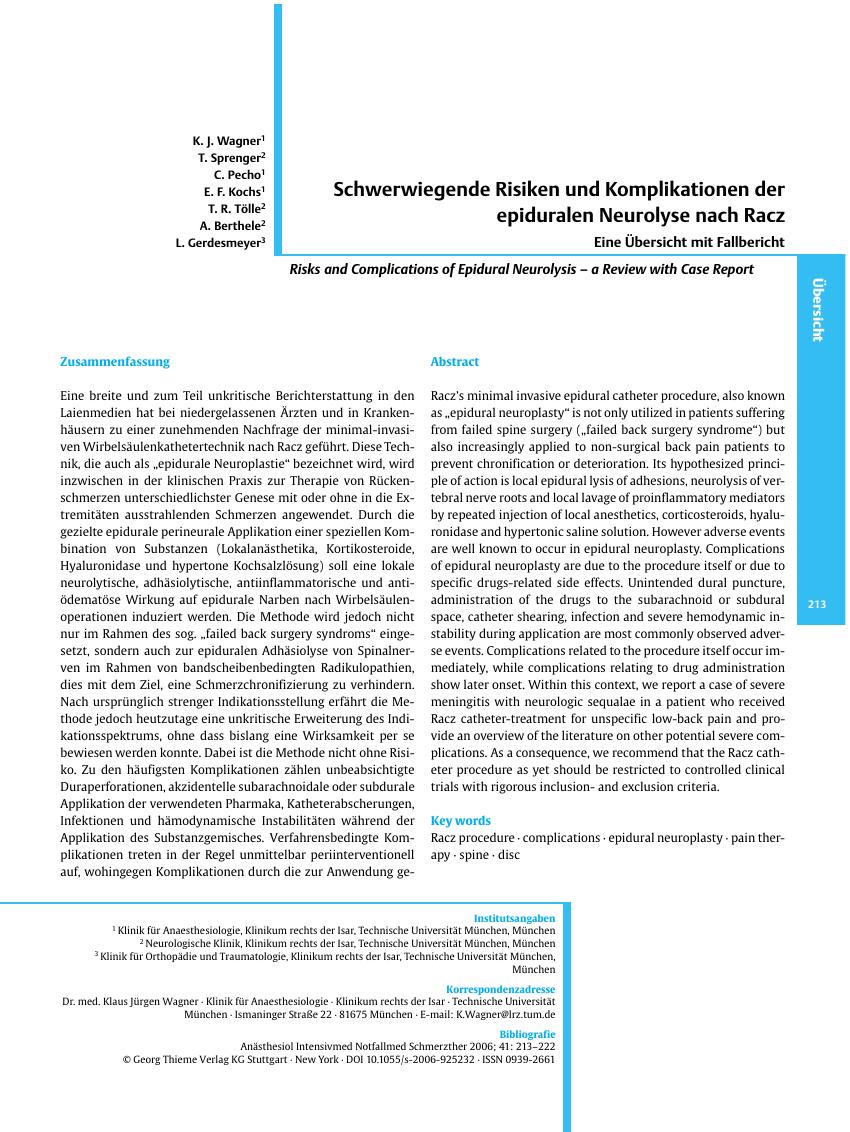 Vorschauseite 1: Schwerwiegende Risiken und Komplikationen der epiduralen Neurolyse nach Racz