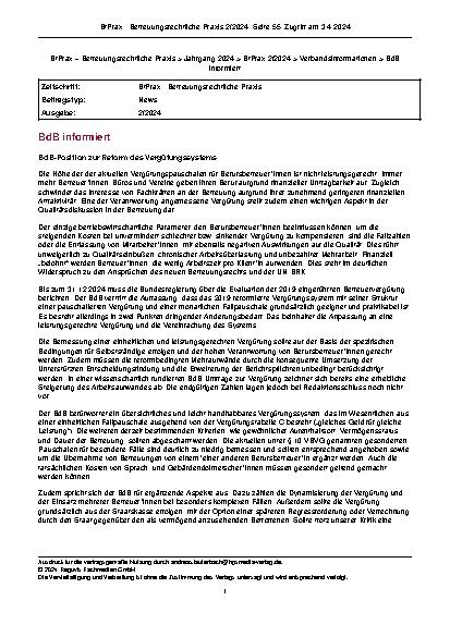 Vorschauseite 1: BdB informiert BdB-Position zur Reform des Vergütungssystems