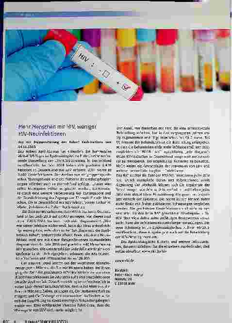 Vorschauseite 1: Mehr Menschen mit HIV, weniger HIV-Neuinfektionen Aus der Pressemitteilung des Robert Koch-Instituts