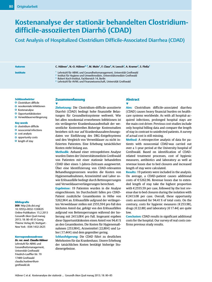 Vorschauseite 1: Kostenanalyse der stationär behandelten Clostridium-difficile-assoziierten Diarrhö (CDAD)