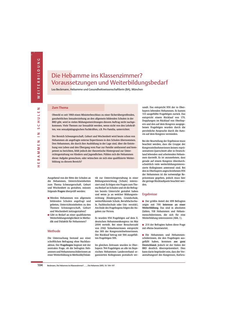 Vorschauseite 1: Die Hebamme ins Klassenzimmer? Voraussetzungen und Weiterbildungsbedarf