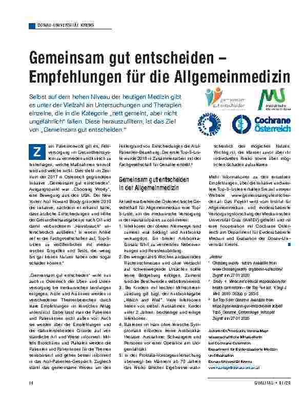 Vorschauseite 1: Gemeinsam gut entscheiden – Empfehlungen für die Allgemeinmedizin
