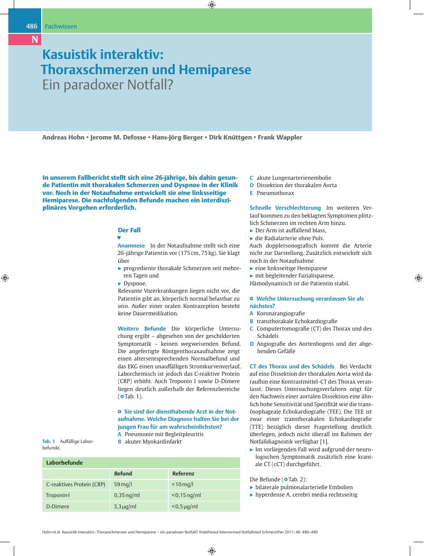 Vorschauseite 1: Kasuistik interaktiv: Thoraxschmerzen und Hemiparese – Ein paradoxer Notfall?