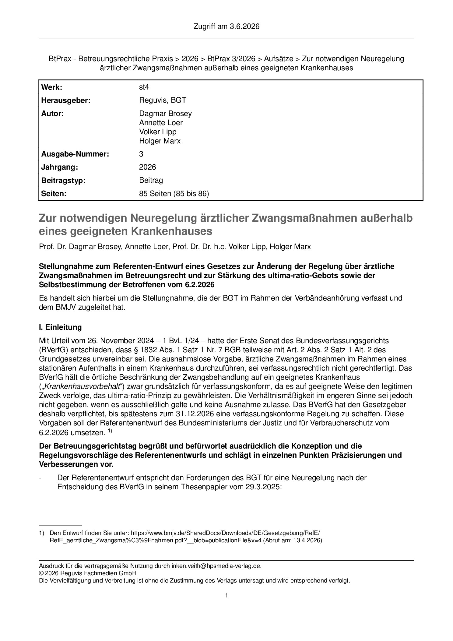 Vorschauseite 1: Zur notwendigen Neuregelung ärztlicher Zwangsmaßnahmen außerhalb eines geeigneten Krankenhauses