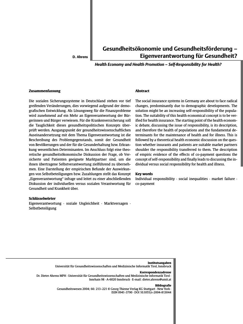 Vorschauseite 1: Gesundheitsökonomie und Gesundheitsförderung - Eigenverantwortung für Gesundheit?