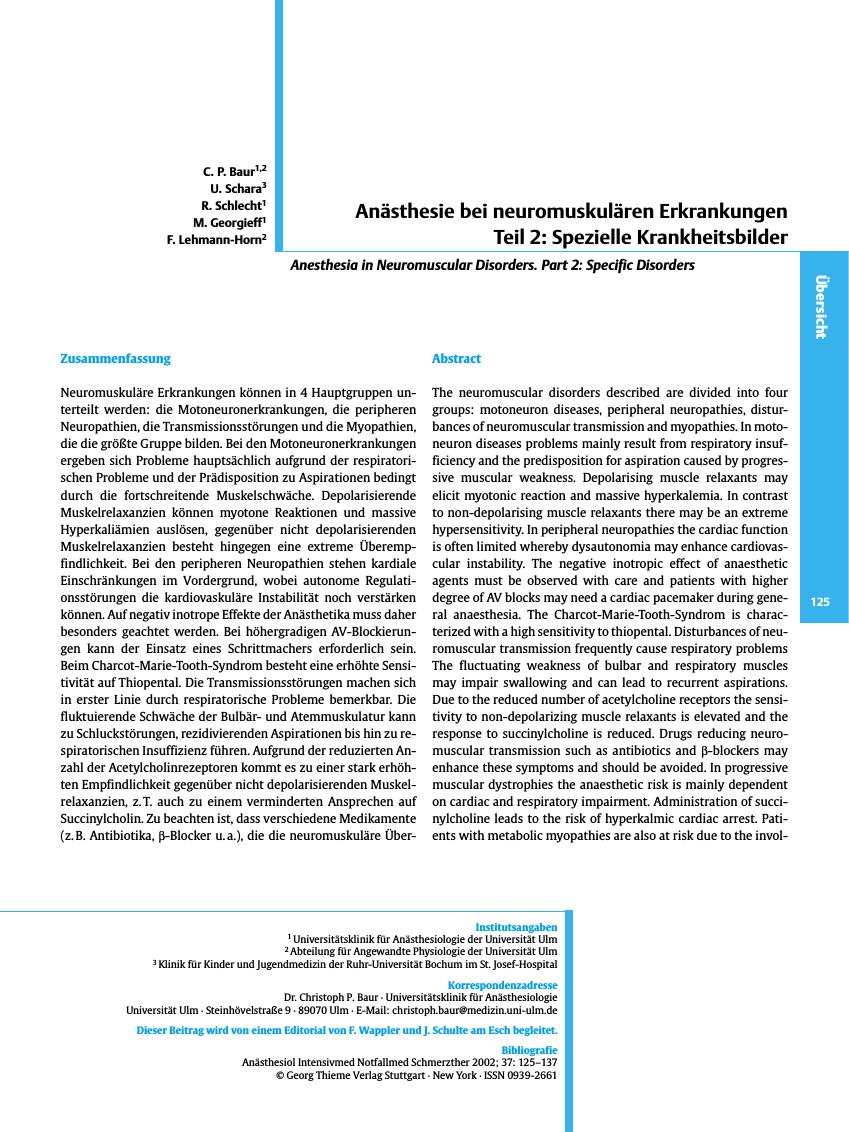 Vorschauseite 1: Anästhesie bei neuromuskulären Erkrankungen Teil 2: Spezielle Krankheitsbilder