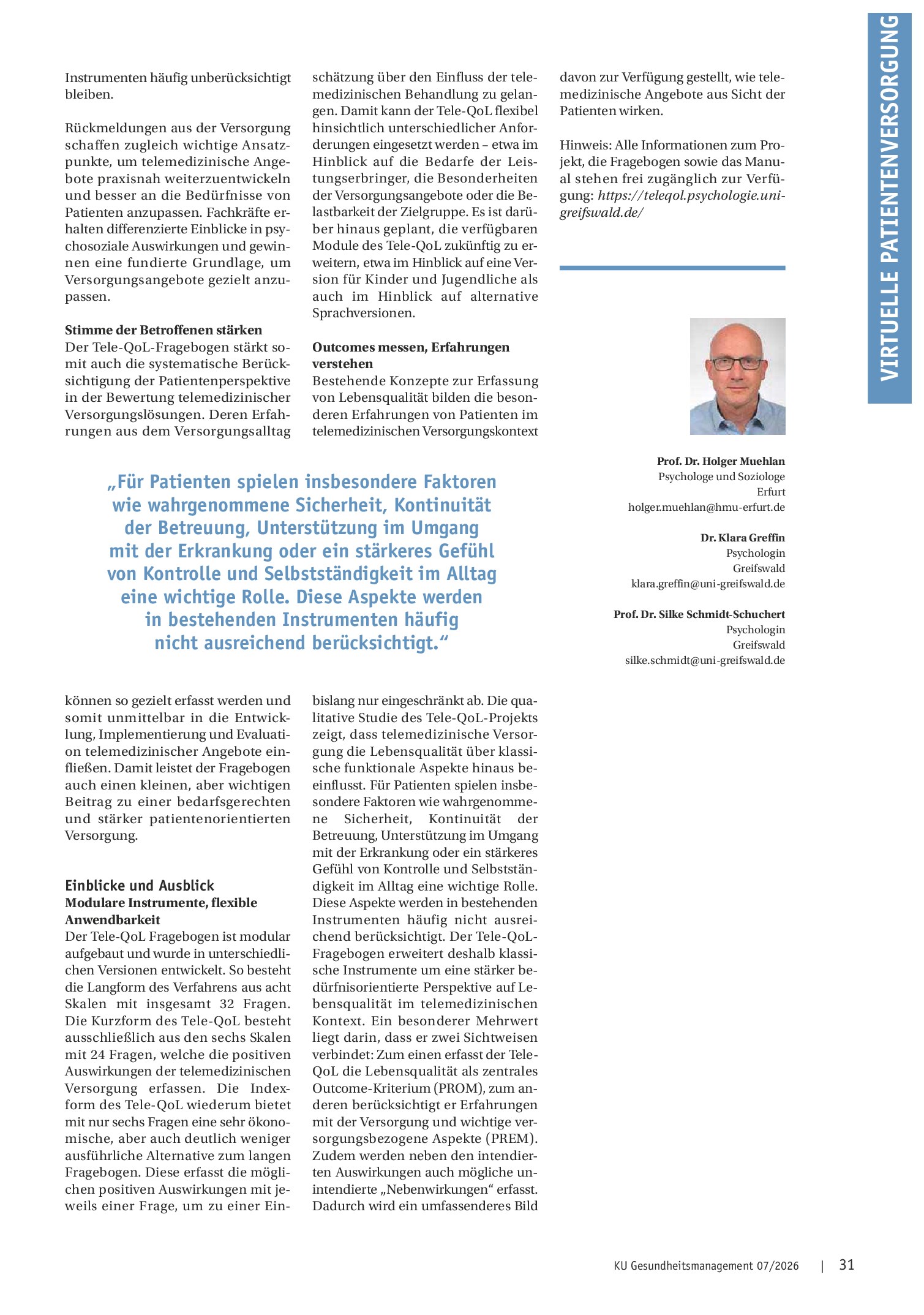 Vorschauseite 3: Mehr als Technik: Lebensqualität in der Telemedizin messen