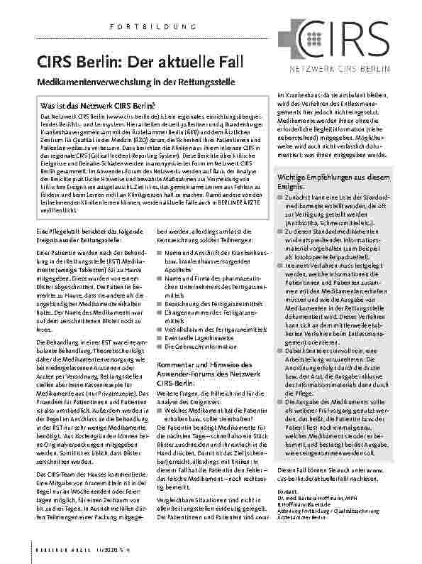 Vorschauseite 1: CIRS Berlin: Der aktuelle Fall Medikamentenverwechslung in der Rettungsstelle