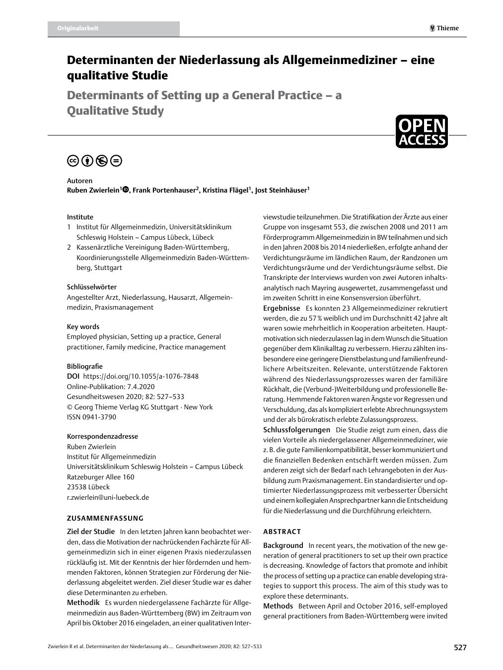 Vorschauseite 1: Determinanten der Niederlassung als Allgemeinmediziner – eine qualitative Studie