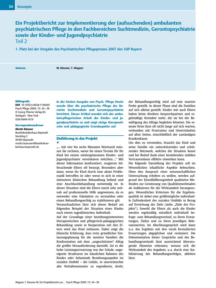 Vorschauseite 1: Ein Projektbericht zur Implementierung der (aufsuchenden) ambulanten psychiatrischen Pflege in den Fachbereichen Suchtmedizin, Gerontopsychiatrie sowie der Kinderund Jugendpsychia…