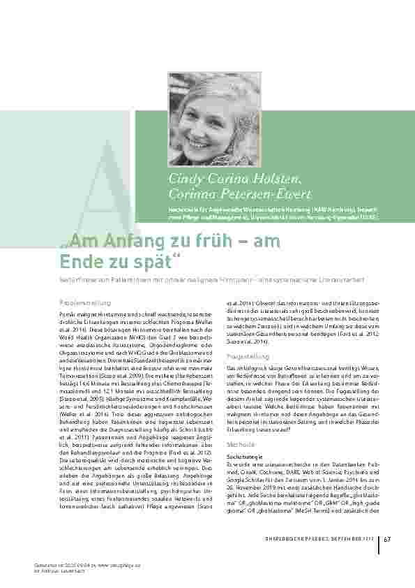 Vorschauseite 1: "Am Anfang zu früh – am Ende zu spät" Bedürfnisse von Patientinnen mit primär malignem Hirntumor – eine systematische Literaturarbeit