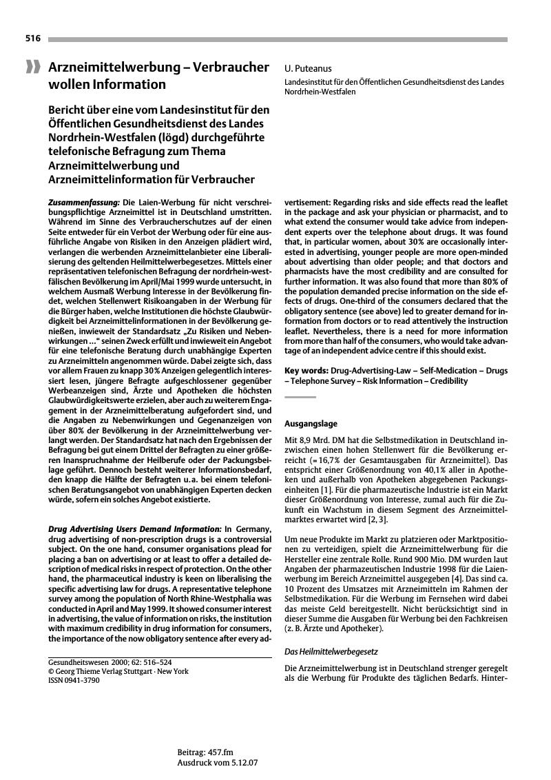 Vorschauseite 1: Arzneimittelwerbung - Verbraucher wollen Information