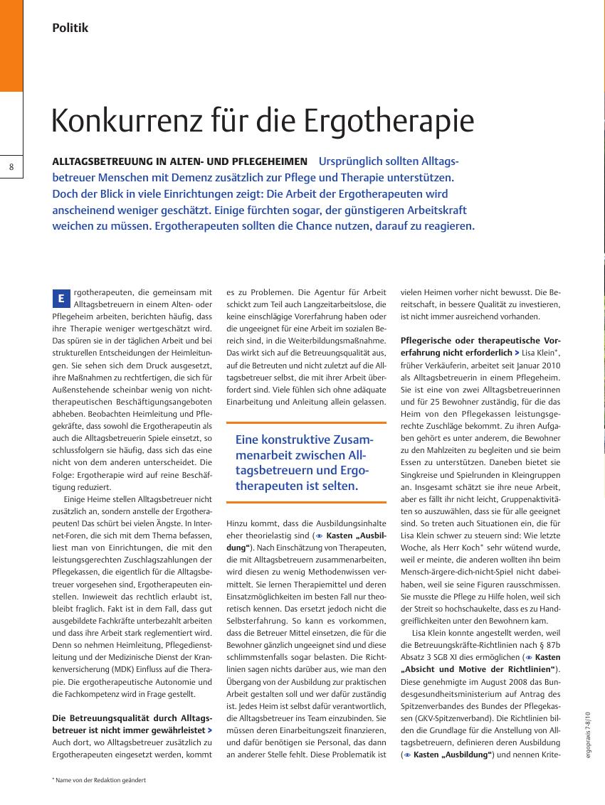 Vorschauseite 1: Alltagsbetreuung in Altenund Pflegeheimen? Konkurrenz für die Ergotherapie
