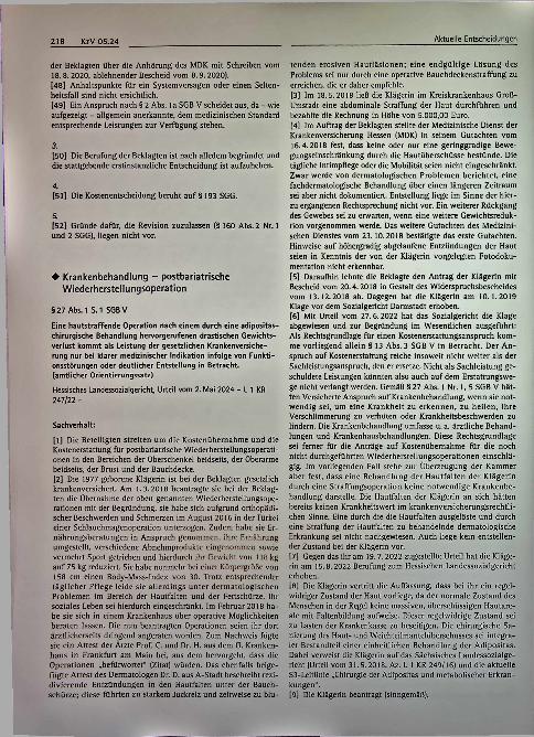 Vorschauseite 1: Aktuelle Entscheidungen Krankenbehandlung - postbariatrische Wiederherstellungsoperation