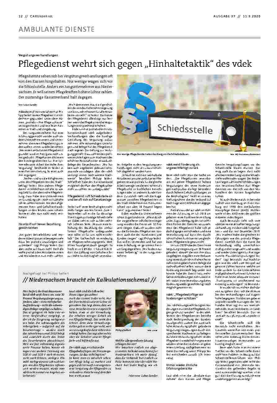 Vorschauseite 1: Pflegedienst wehrt sich gegen „Hinhaltetaktik“ des vdek