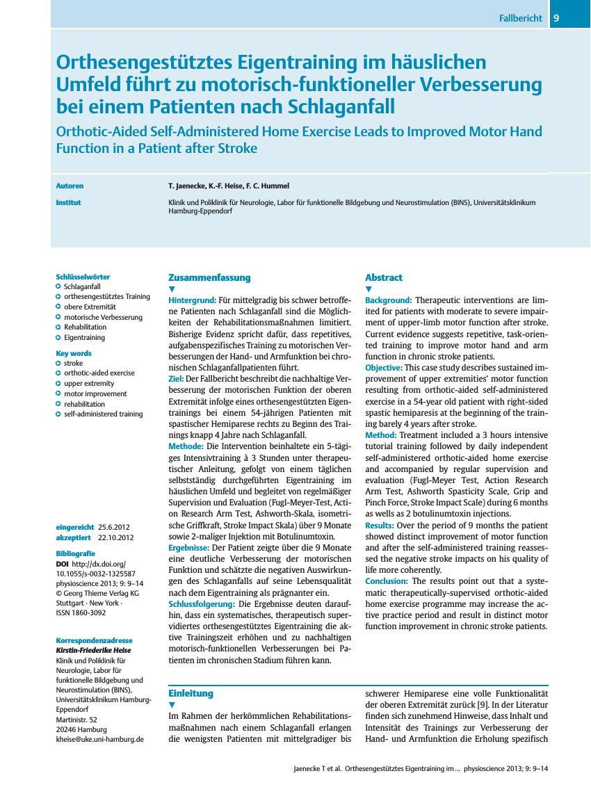 Vorschauseite 1: Orthesengestütztes Eigentraining im häuslichen Umfeld führt zu motorisch-funktioneller Verbesserung bei einem Patienten nach Schlaganfall