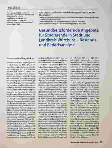 Vorschauseite 1: Gesundheitsfördernde Angebote für Studierende in Stadt und Landkreis Würzburg - Bestandsund Bedarfsanalyse